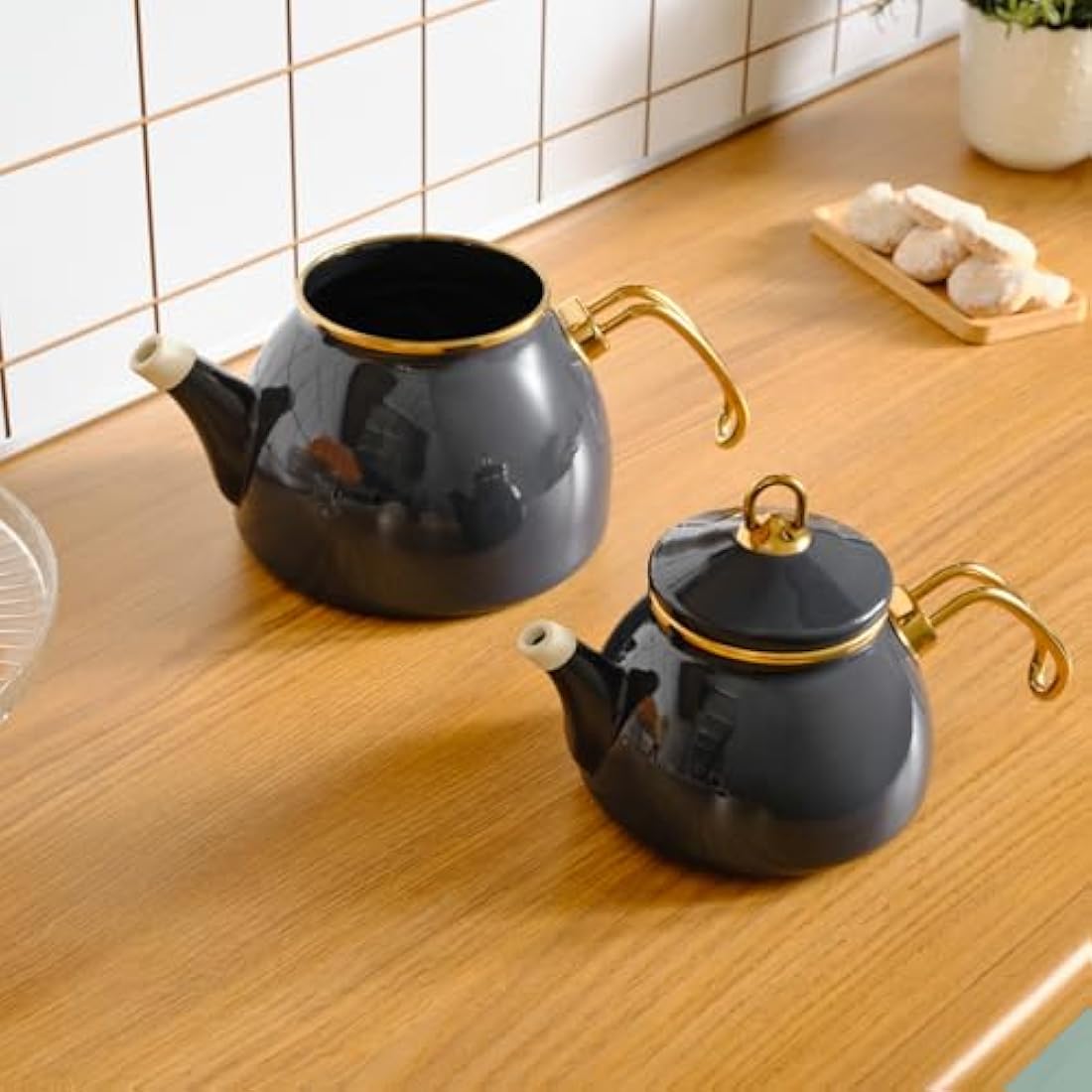 Karaca Retro Enamel Teapot and Kettle Set - Anthracite - Induction Safe