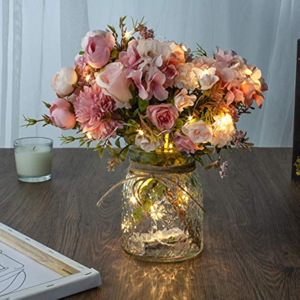 LED Pink Artificial Rose Flowers with Glass Vase – 13"