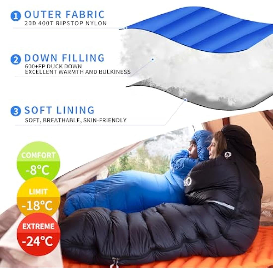 QEZER Down Sleeping Bag | Lightweight 4-Season Rectangular Nylon Bag
