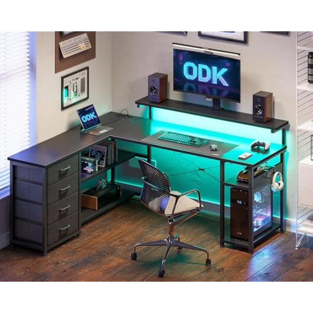 ODK L-Shaped Gaming Desk with LED Lights, Power Outlets & Drawers - Black