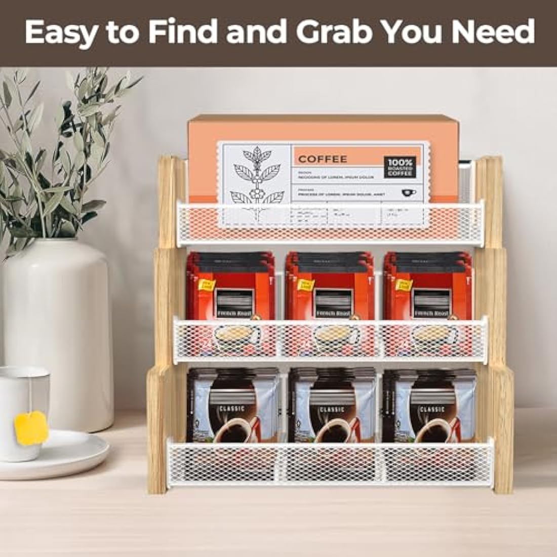 THYGIFTREE 3-Tier Wood Tea Bag Organizer | 180 Bag Kitchen Storage