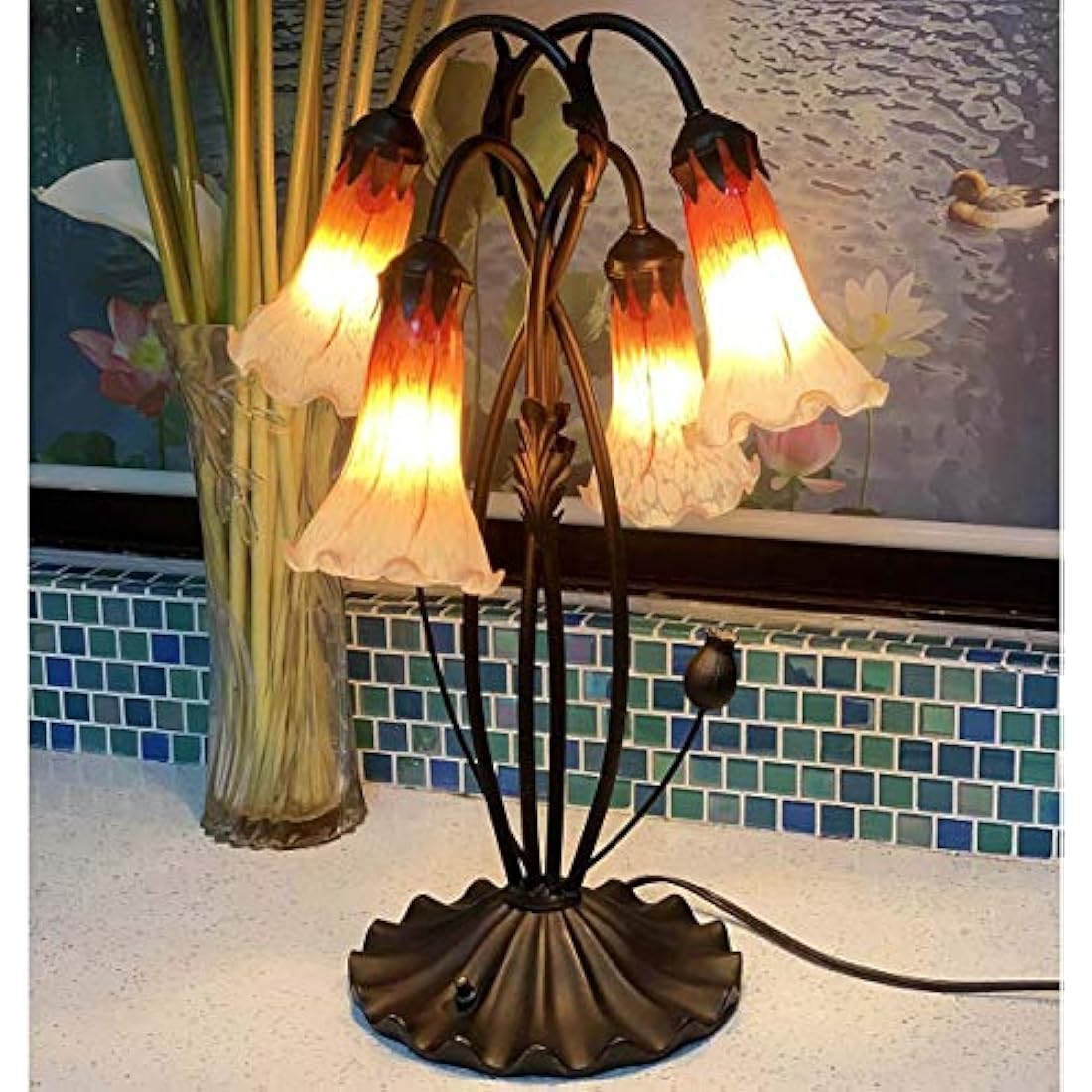 Jolof Store Lily Flower Blown Glass Table Lamp – 4-Light Orange Accent