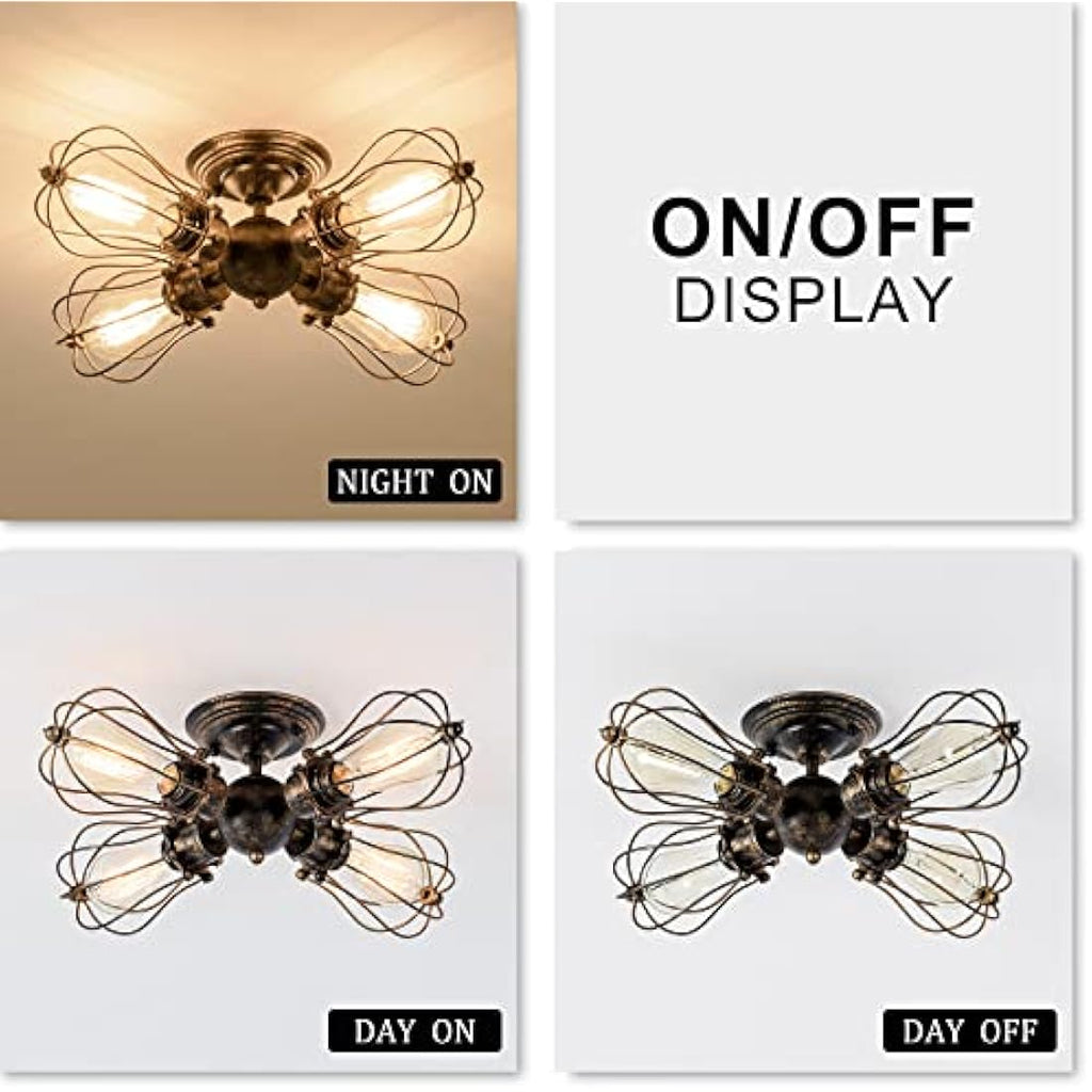 LULING Vintage Industrial Wire Cage Ceiling Light – 4-Light Bronze Chandelier