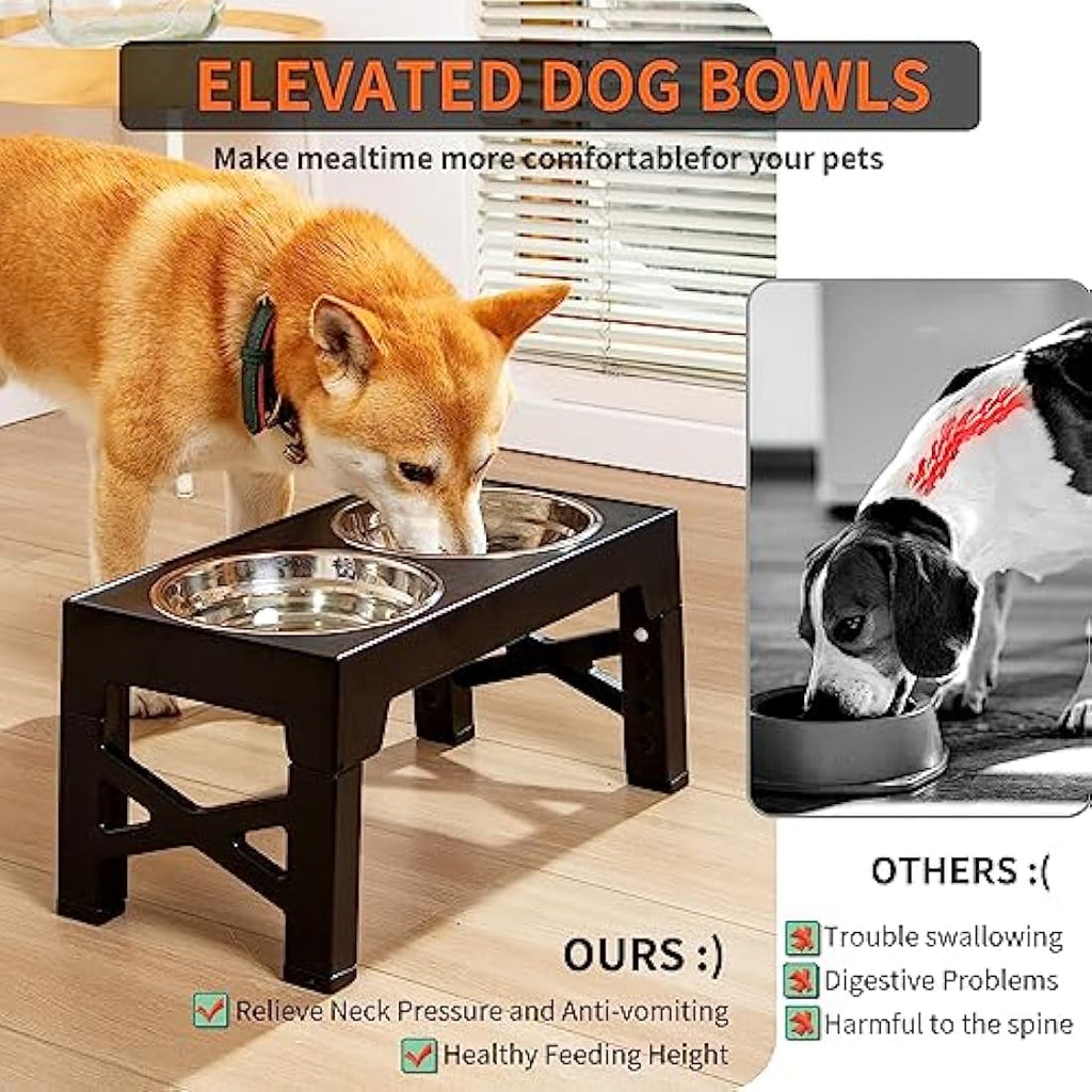 FOREYY Adjustable Elevated Dog Bowls – 5 Heights Raised Stand with 3 Bowls