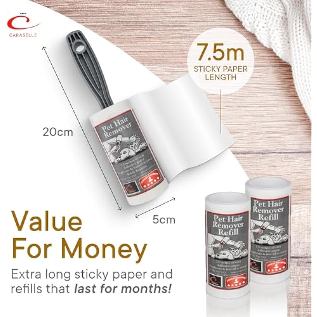 Caraselle Pet Hair & Lint Roller Set - 2 Rollers + 7 Refills, 7.5m Adhesive