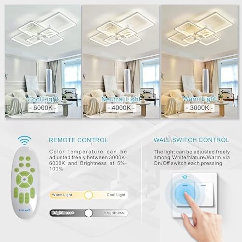 HIHIHOMY Modern 6-Ring LED Ceiling Light | Dimmable Geometric Lamp, 78W White
