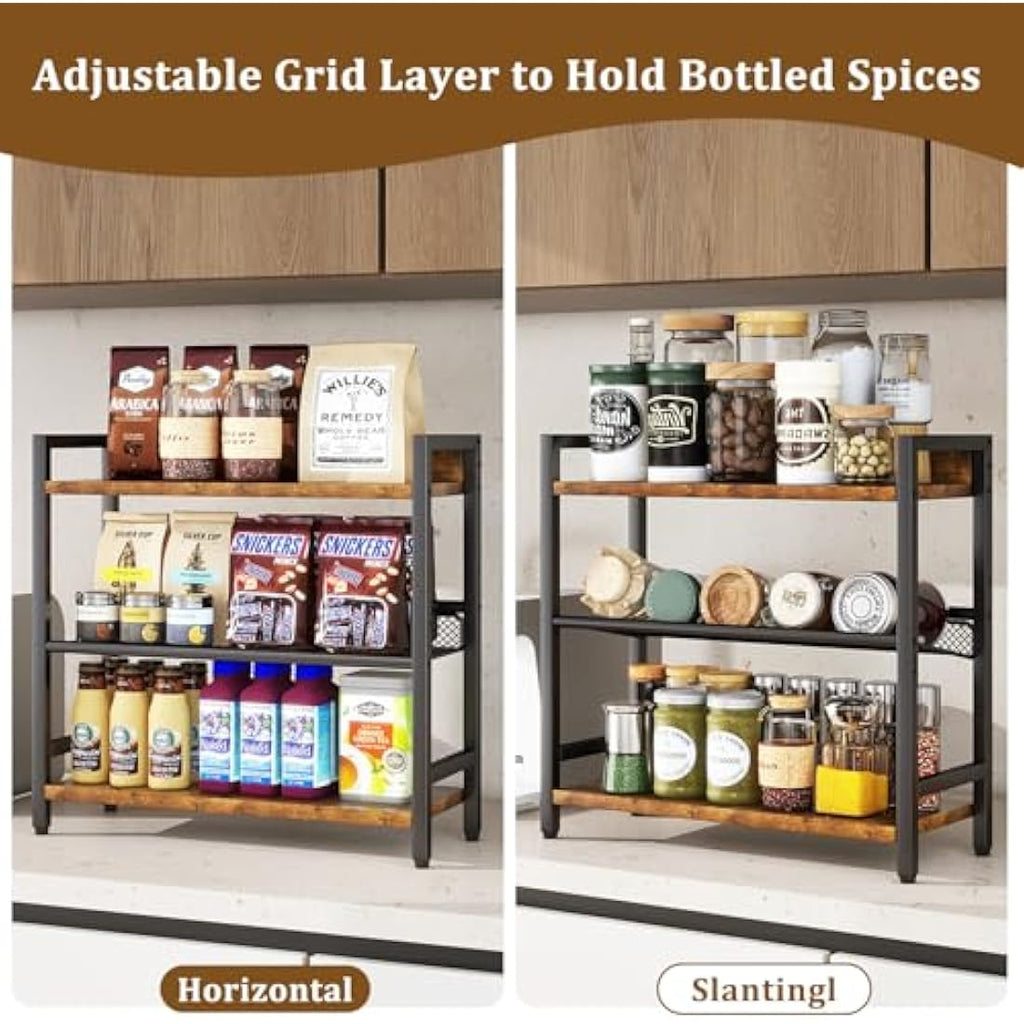 IBUYKE 3-Tier Spice Rack – Industrial Wood & Metal Countertop Organizer