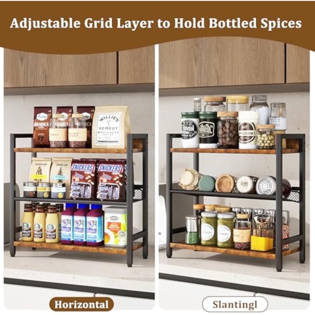 IBUYKE 3-Tier Spice Rack – Industrial Wood & Metal Countertop Organizer
