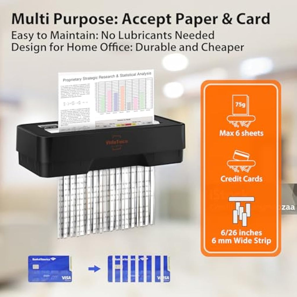 VidaTeco Strip Cut Paper Shredder | 6-Sheet Home Office Machine with 10L Bin