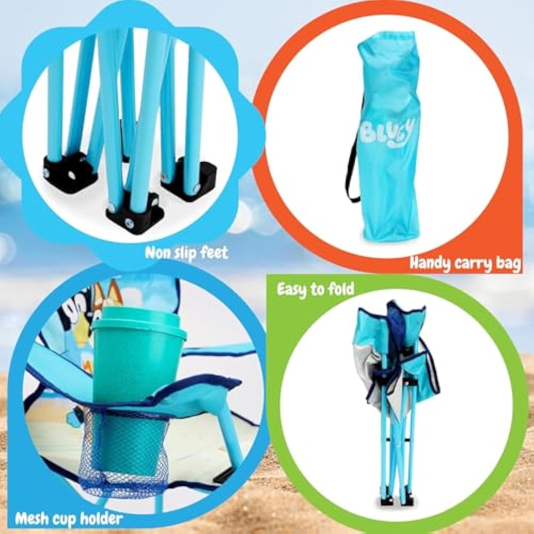 Bluey & Bingo Kids Folding Camping Chair with Cup Holder & Bag