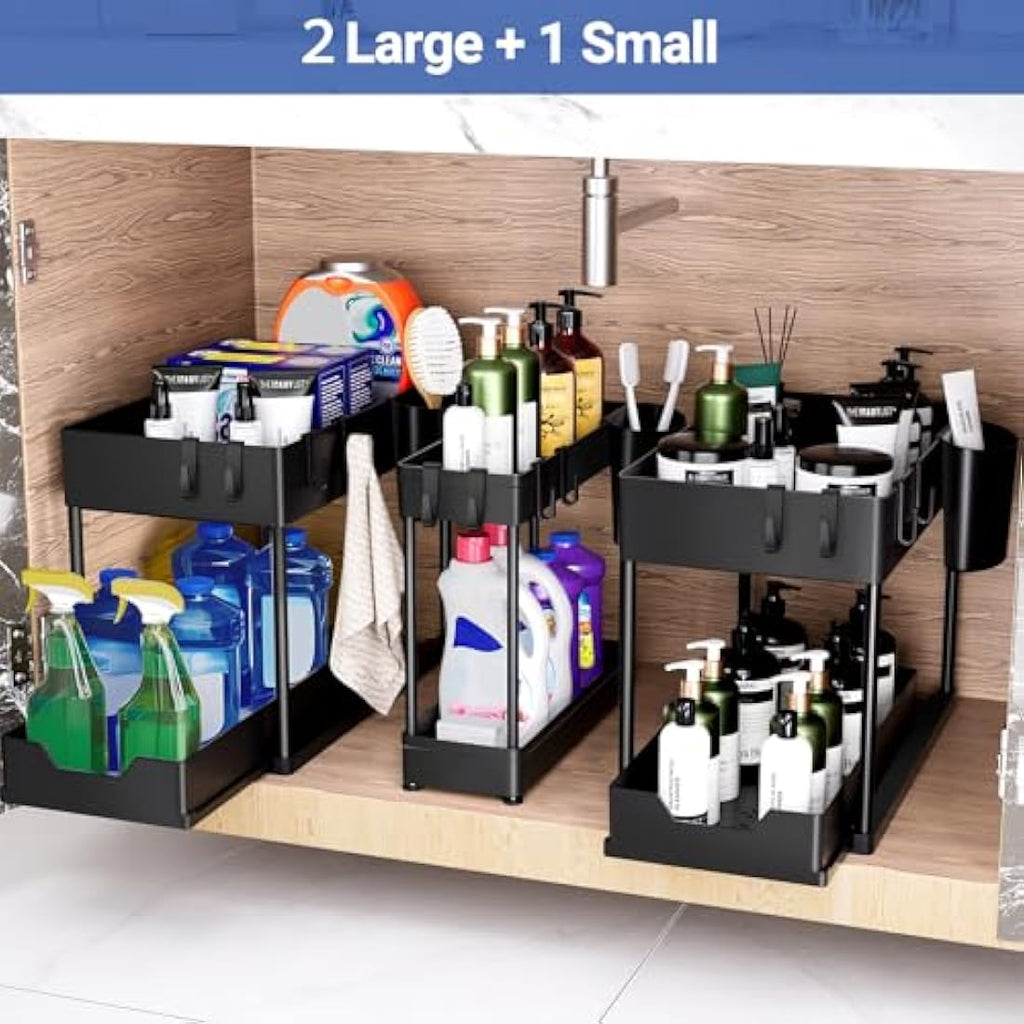 Puricon 3-Pack Under Sink Organiser | 2-Tier Sliding Kitchen Storage - Black