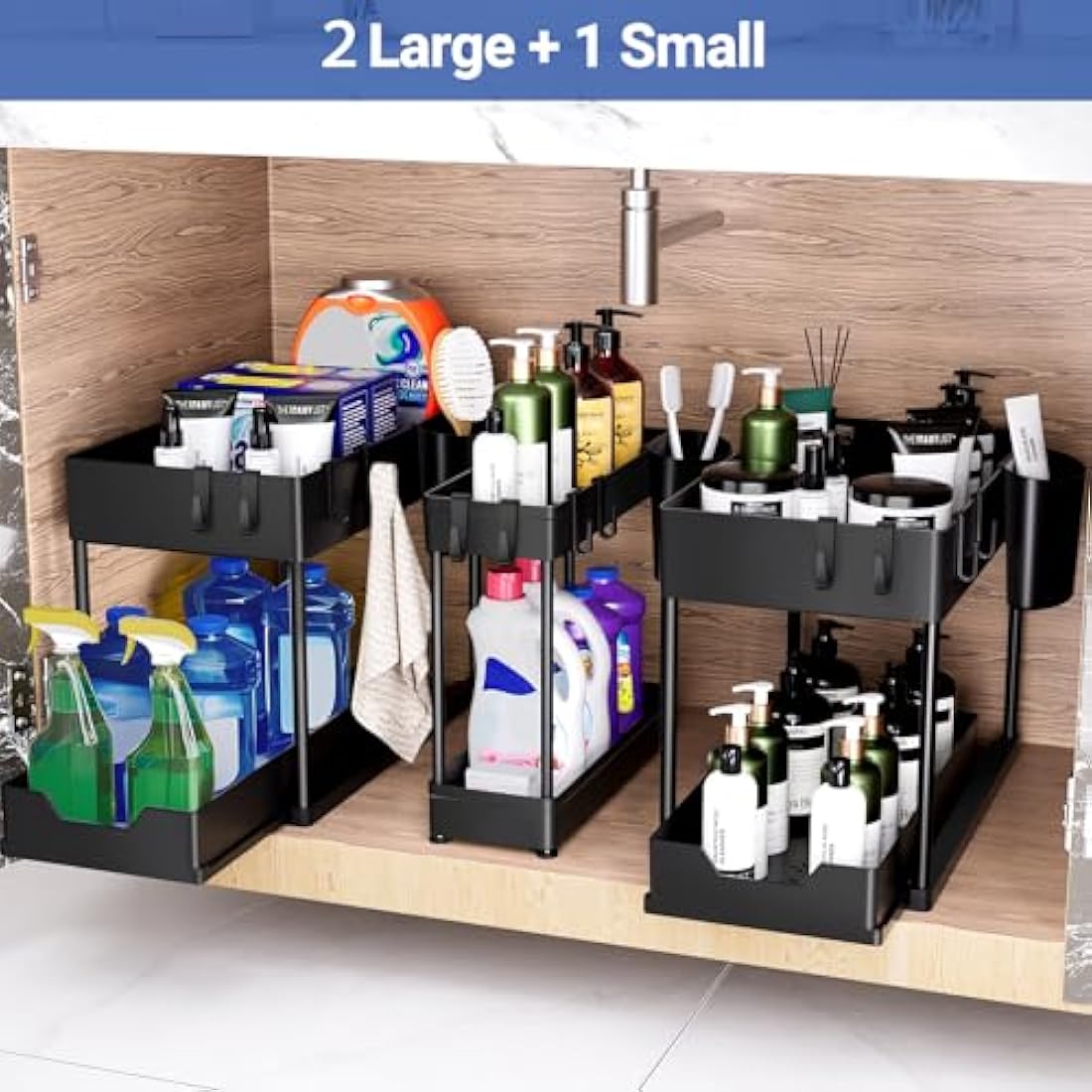 Puricon 3-Pack Under Sink Organiser | 2-Tier Sliding Kitchen Storage - Black