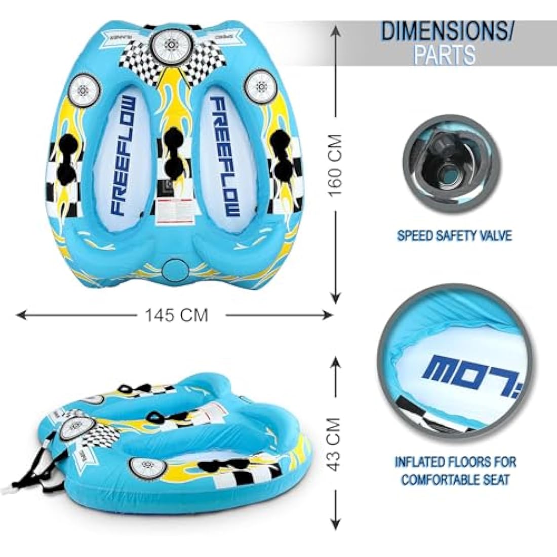 SereneLife 2-Person Inflatable Towable Tube – Blue PVC Water Raft