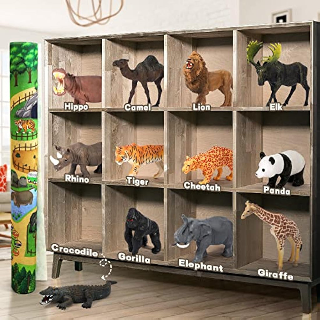 FRUSE Safari Animals Playset with Jumbo Play Mat - 12 Realistic Figurines