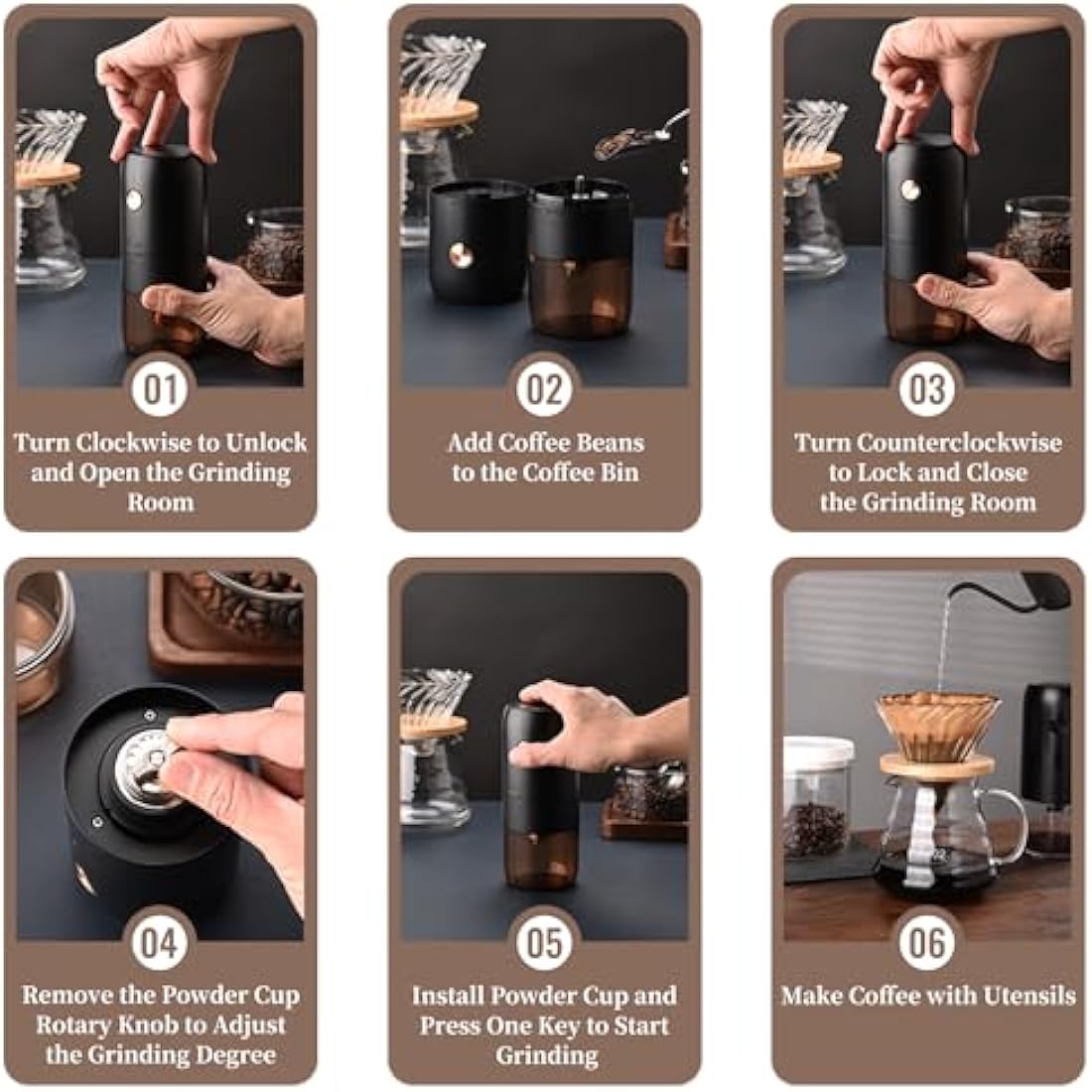 ELMWAY Portable Electric Coffee Grinder – Stainless Steel Burr, Rechargeable
