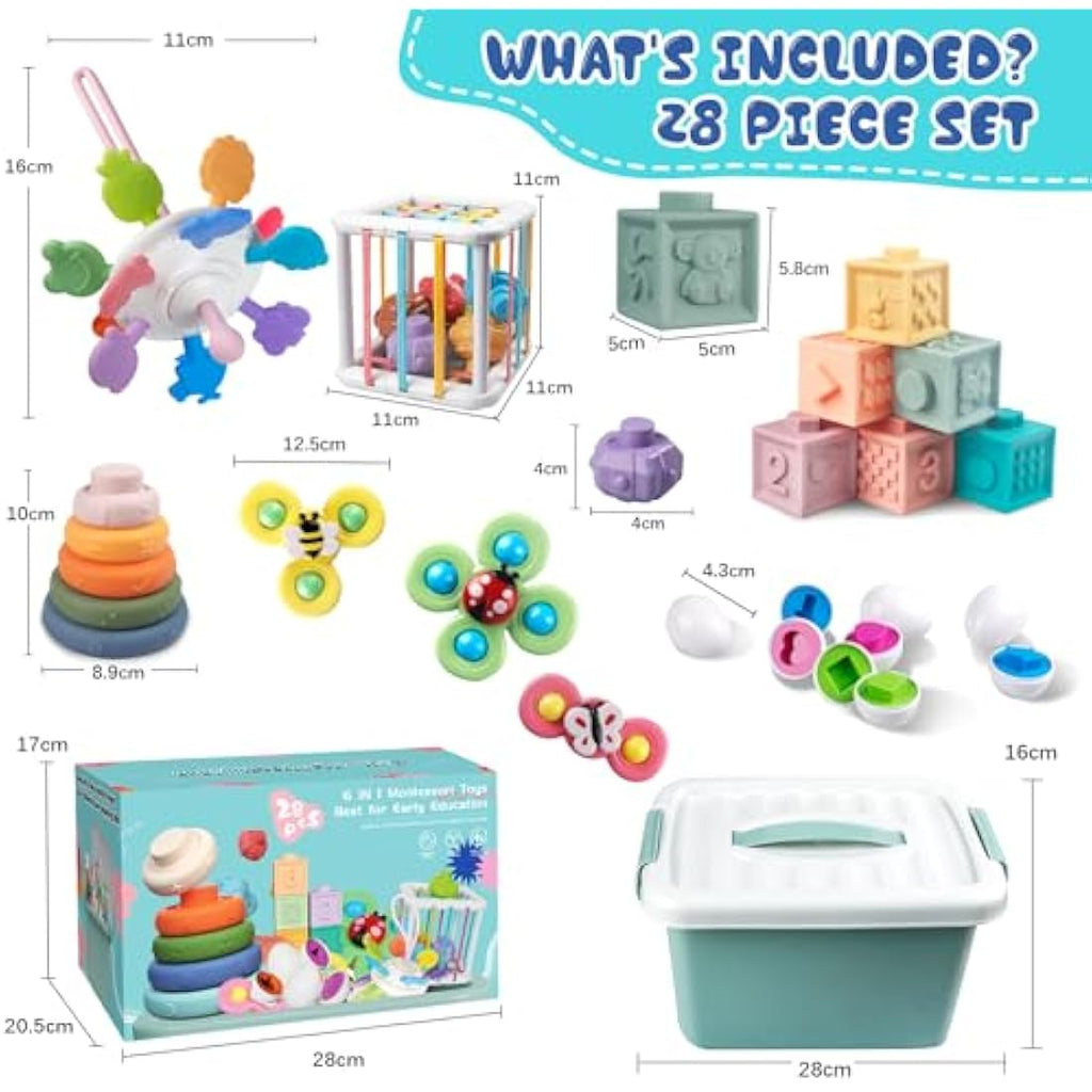 Plunack 6-in-1 Montessori Baby Toys | 28pc Sensory Stacking Set