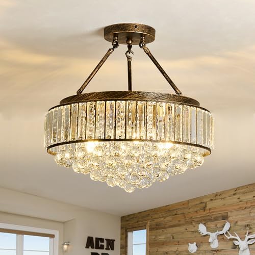 EOPSPYI Modern Crystal Chandelier – 6-Light Bronze Semi Flush Mount