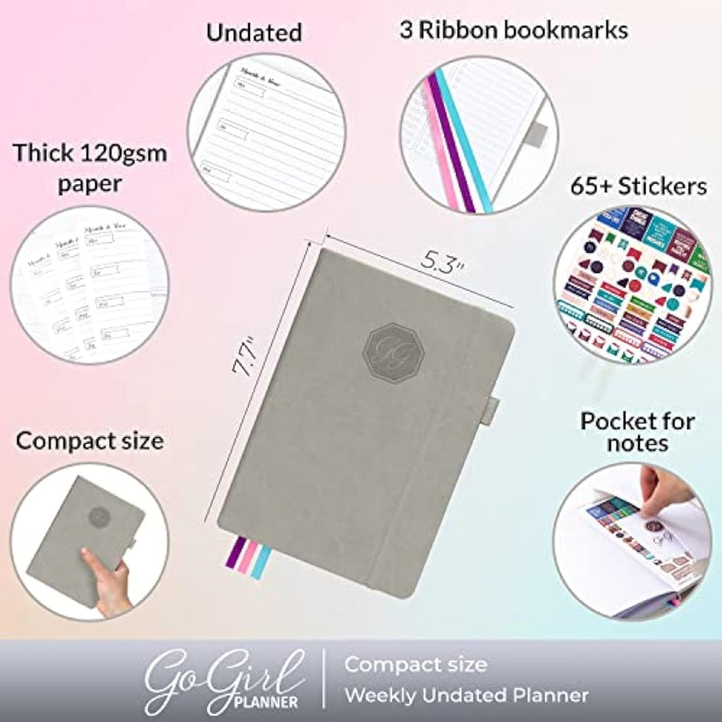 GoGirl Undated Weekly Planner – Compact Eco-Leather Goal Journal, Grey