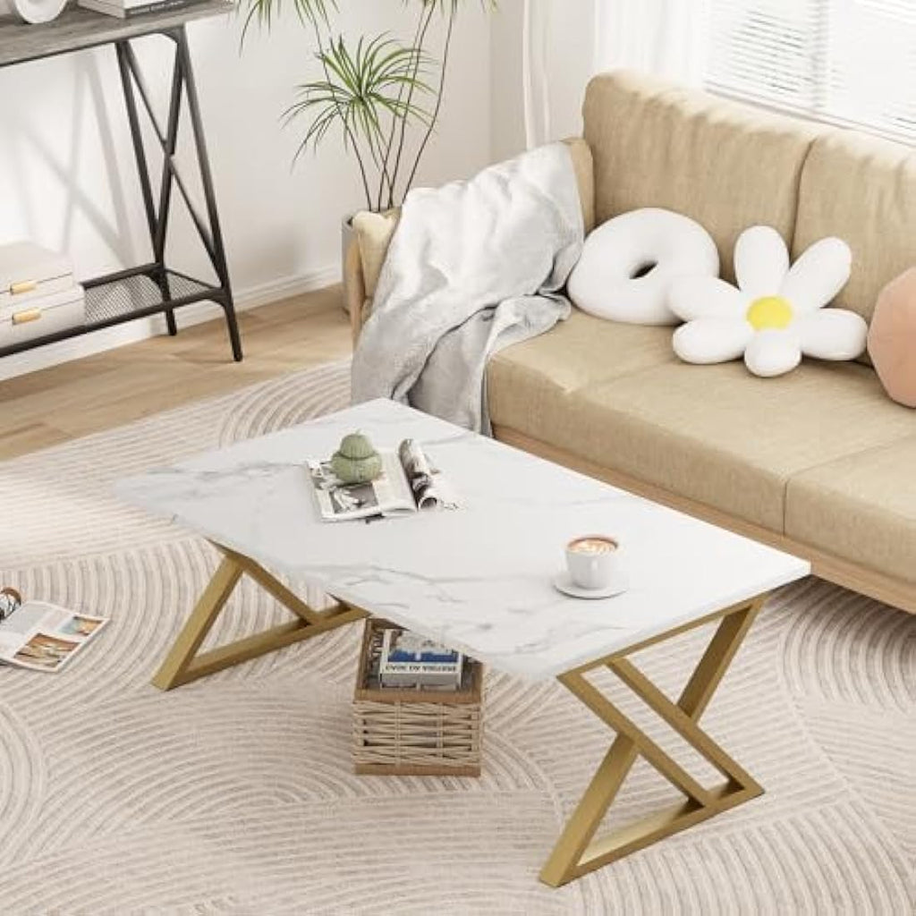 Jolof Store Modern Rectangular Coffee Table | White & Gold Metal Frame