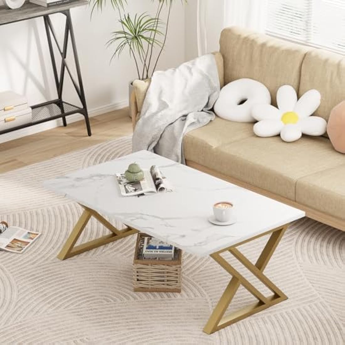 Jolof Store Modern Rectangular Coffee Table | White & Gold Metal Frame