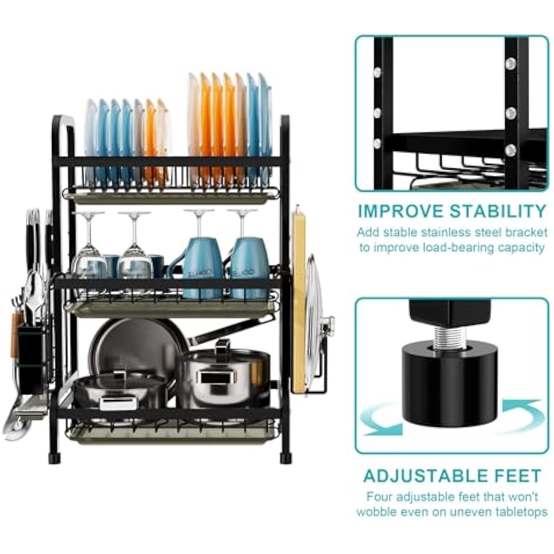 3-Tier Dish Drying Rack with Drip Tray and Cutlery Holder