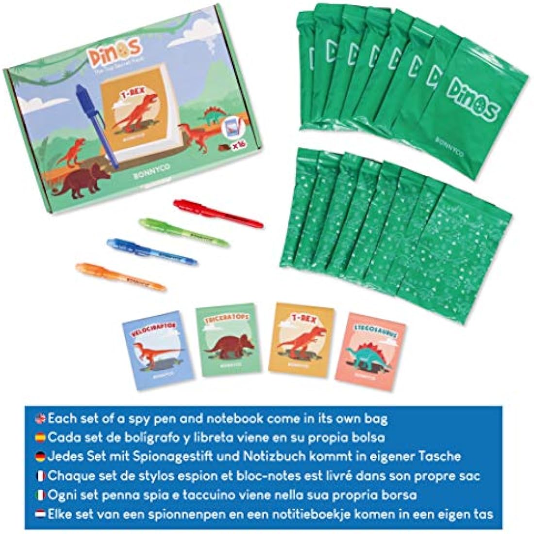 BONNYCO Invisible Ink Pen and Notebook Set | 16 Pack Dinosaur Party Favors