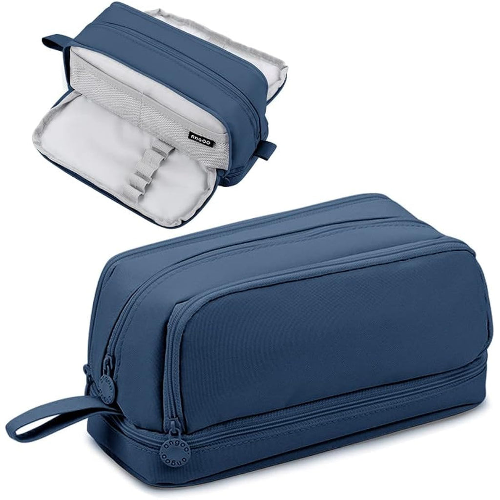 Tesmien Large Pencil Case | 4-Compartment Canvas Stationery Bag - Dark Blue