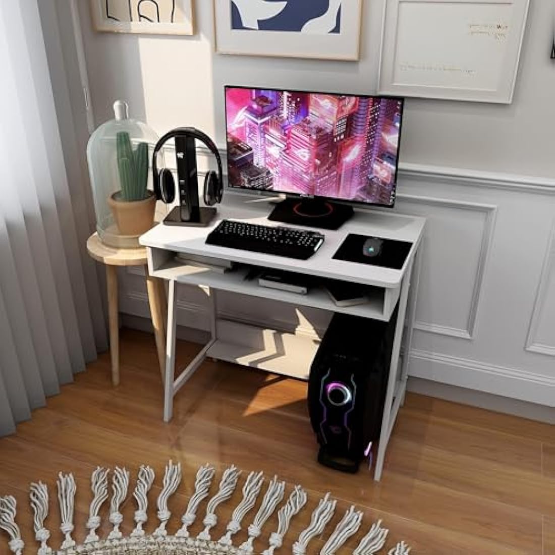 80cm Small Computer Desk with Drawer and Storage Shelf - White