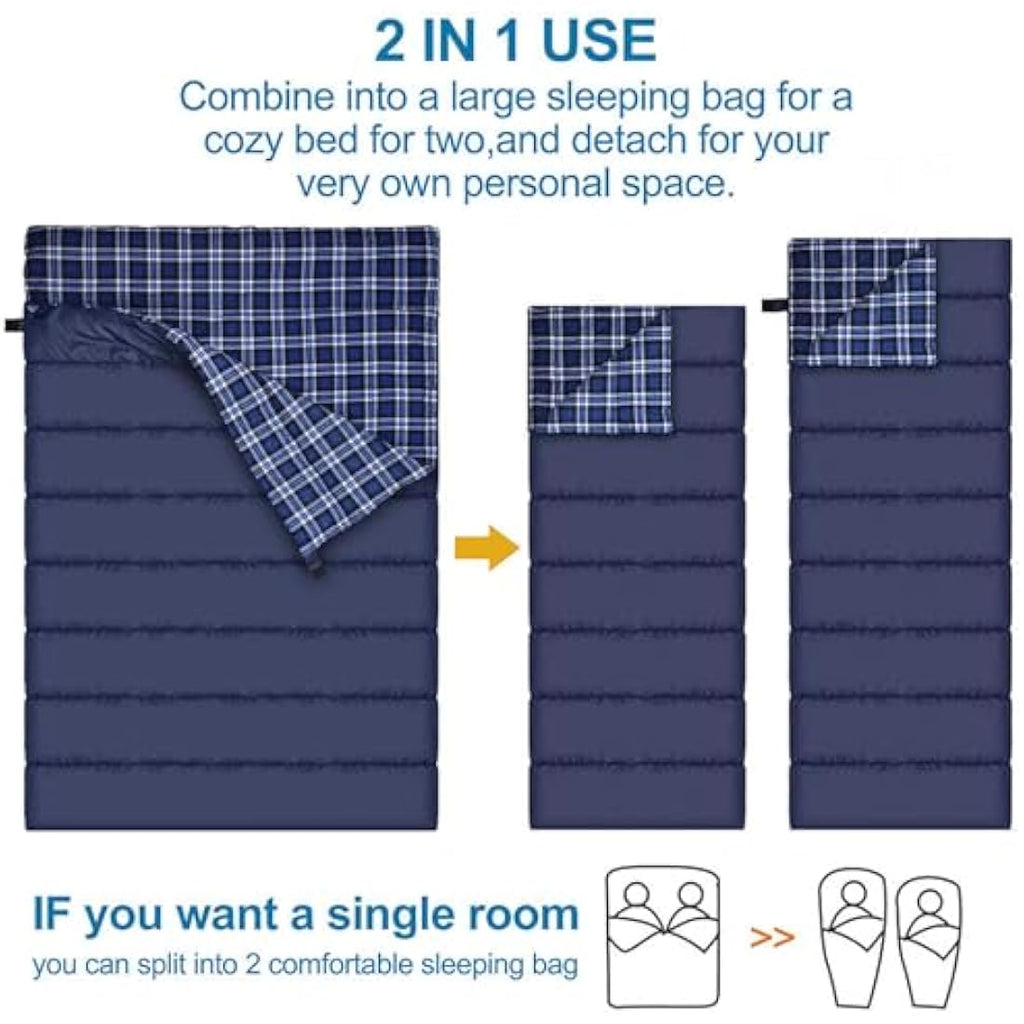 Agemore Double Flannel Sleeping Bag | Waterproof 2 Person Camping Gear