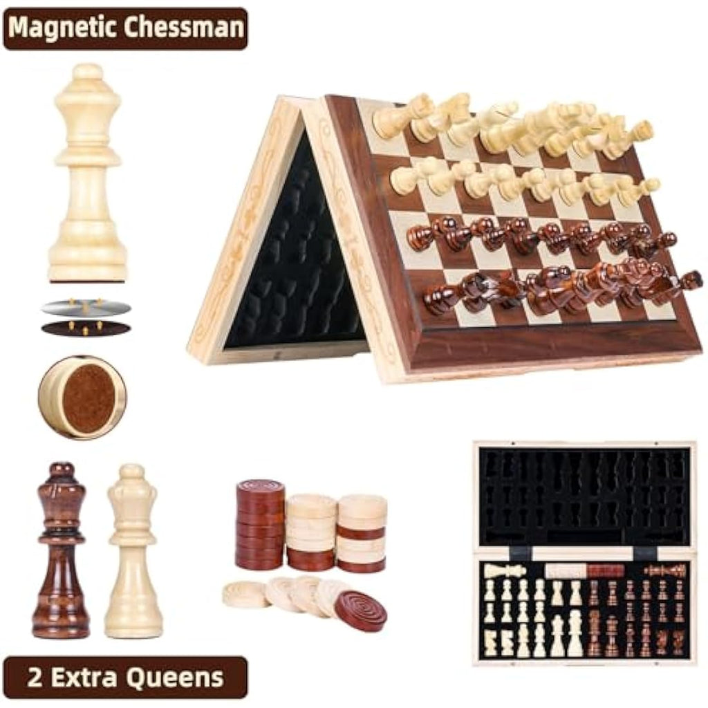 Magnetic Wooden Chess & Checkers Set – 15.74" Foldable Board