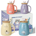Cute Cat Ceramic Mug Set - 4 Coffee Cups with Lids and Spoons