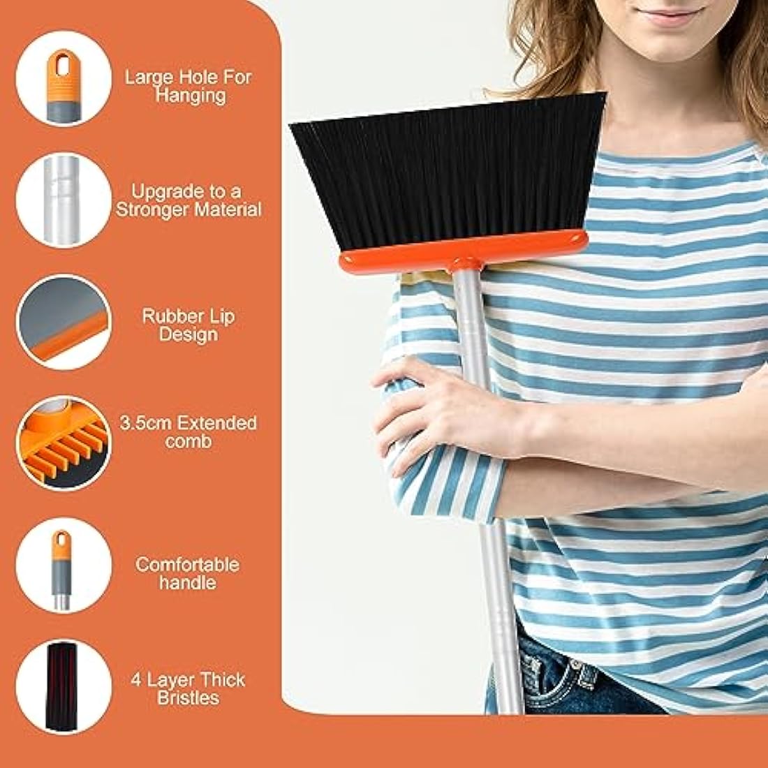 Long Handled Broom and Dustpan Set | 54" Upright Sweeping - Orange