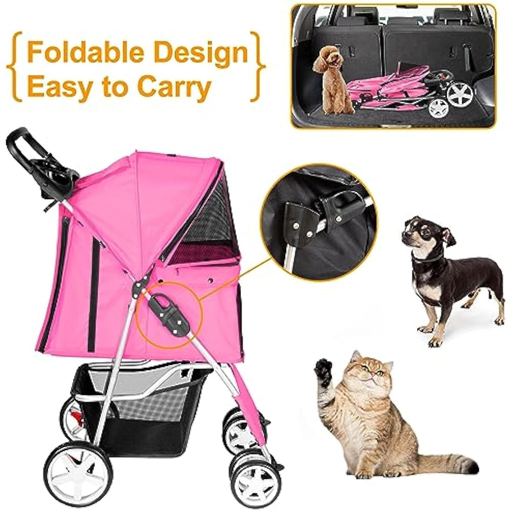 Display4top 4-Wheel Pet Stroller - Foldable Dog & Cat Travel Pram, Pink