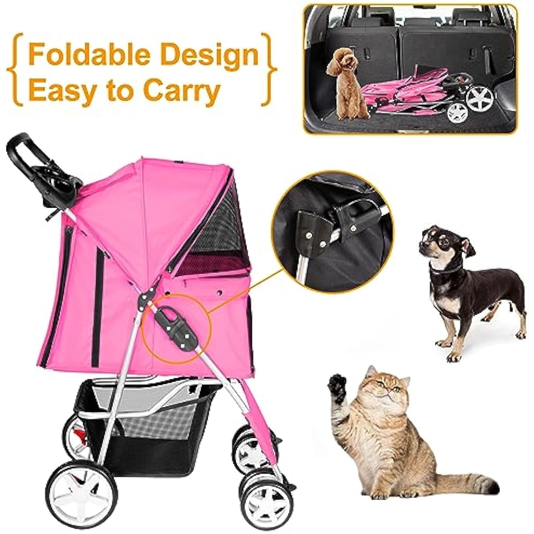 Display4top 4-Wheel Pet Stroller - Foldable Dog & Cat Travel Pram, Pink