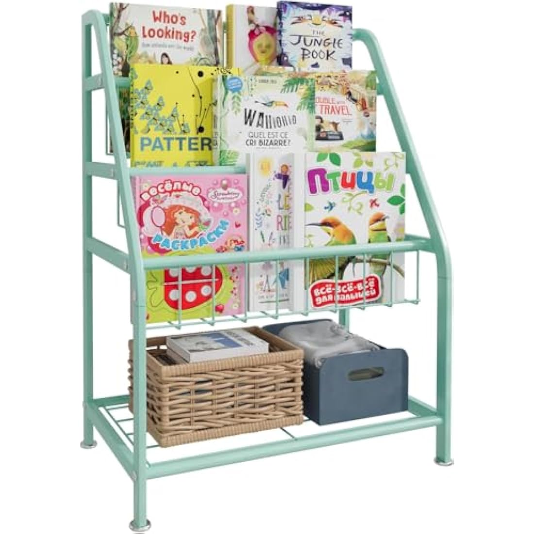 Huhote Kids Bookshelf – Metal Book and Toy Storage Organizer, Green