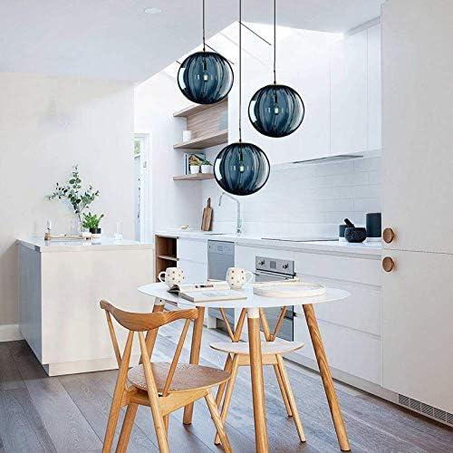 3-Light Brass Pendant Light | Blue Striped Glass Globe