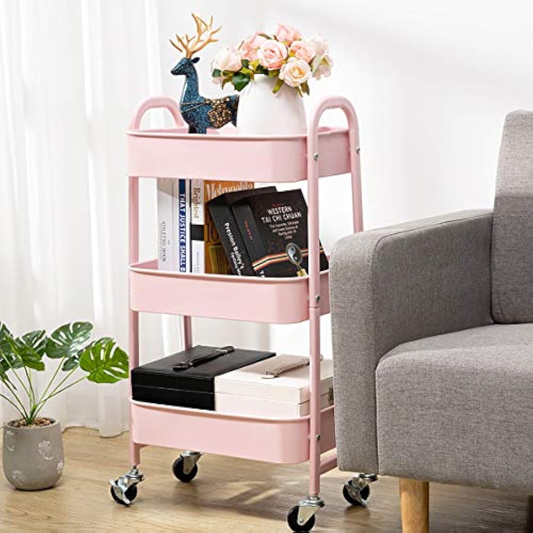 DOEWORKS 3-Tier Metal Rolling Storage Cart | Pink Utility Trolley