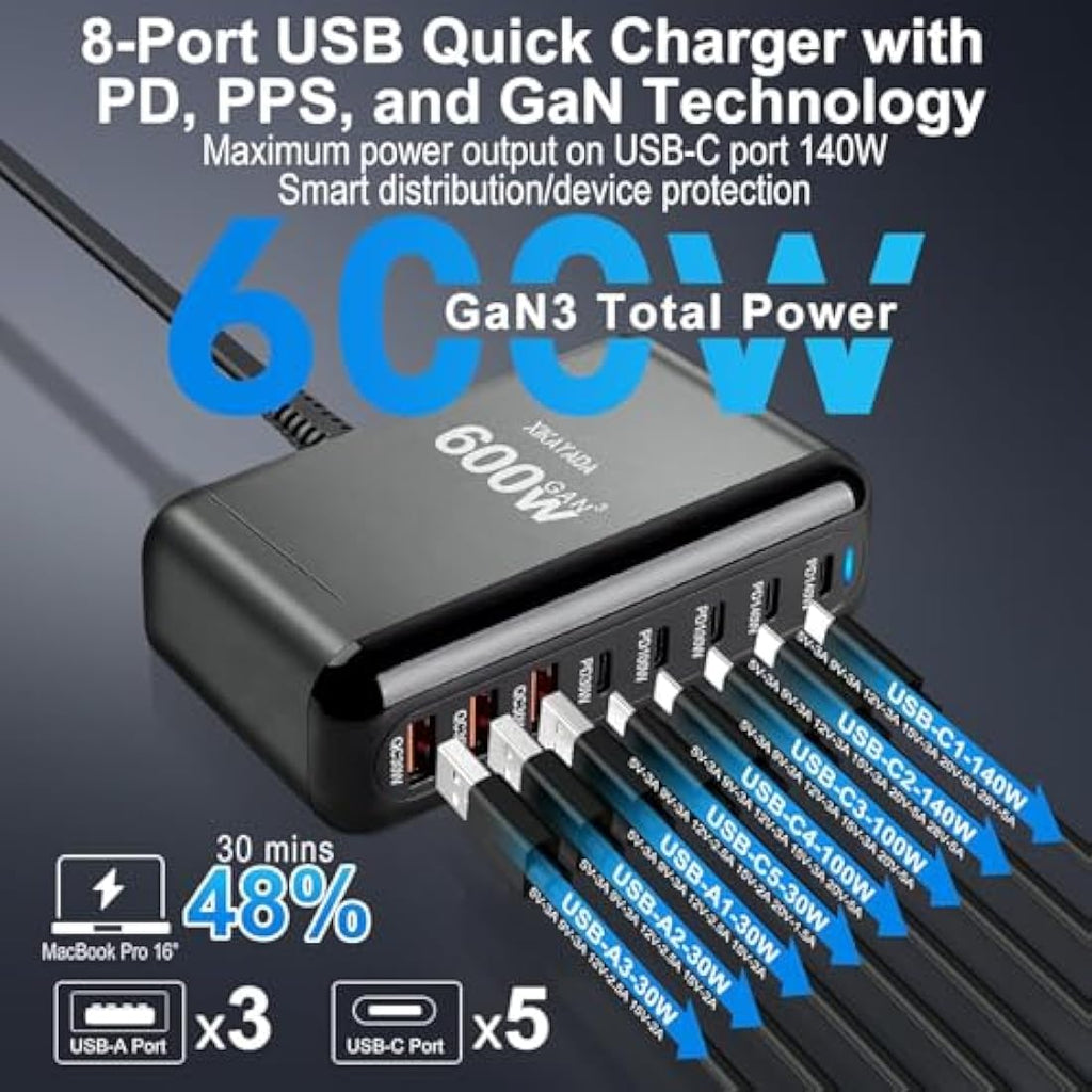 Jolof Store 600W 8-Port USB C GaN Fast Charger Station for Laptop & MacBook