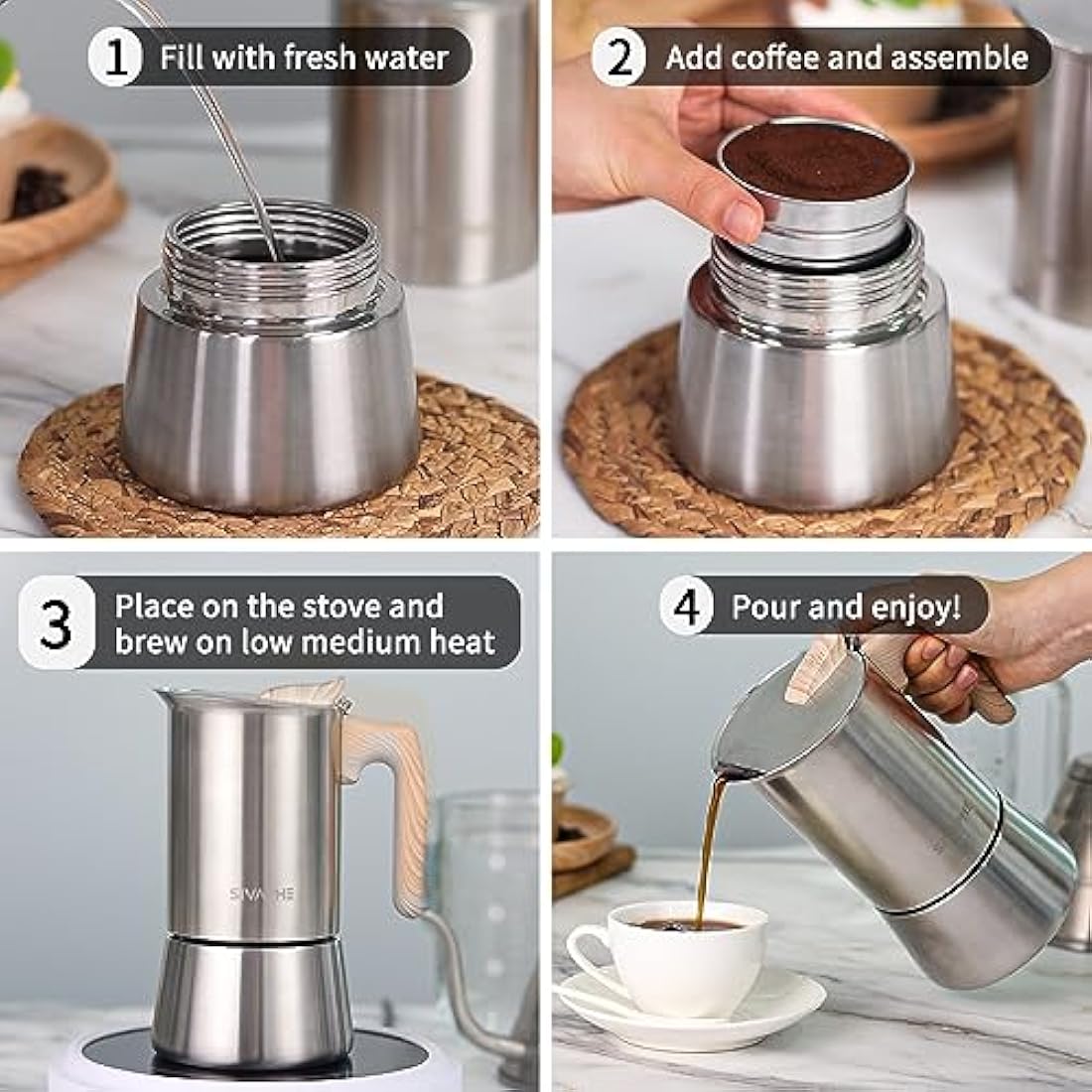 Sivaphe Moka Pot – 6 Cup Stainless Steel Induction Stovetop Espresso Maker