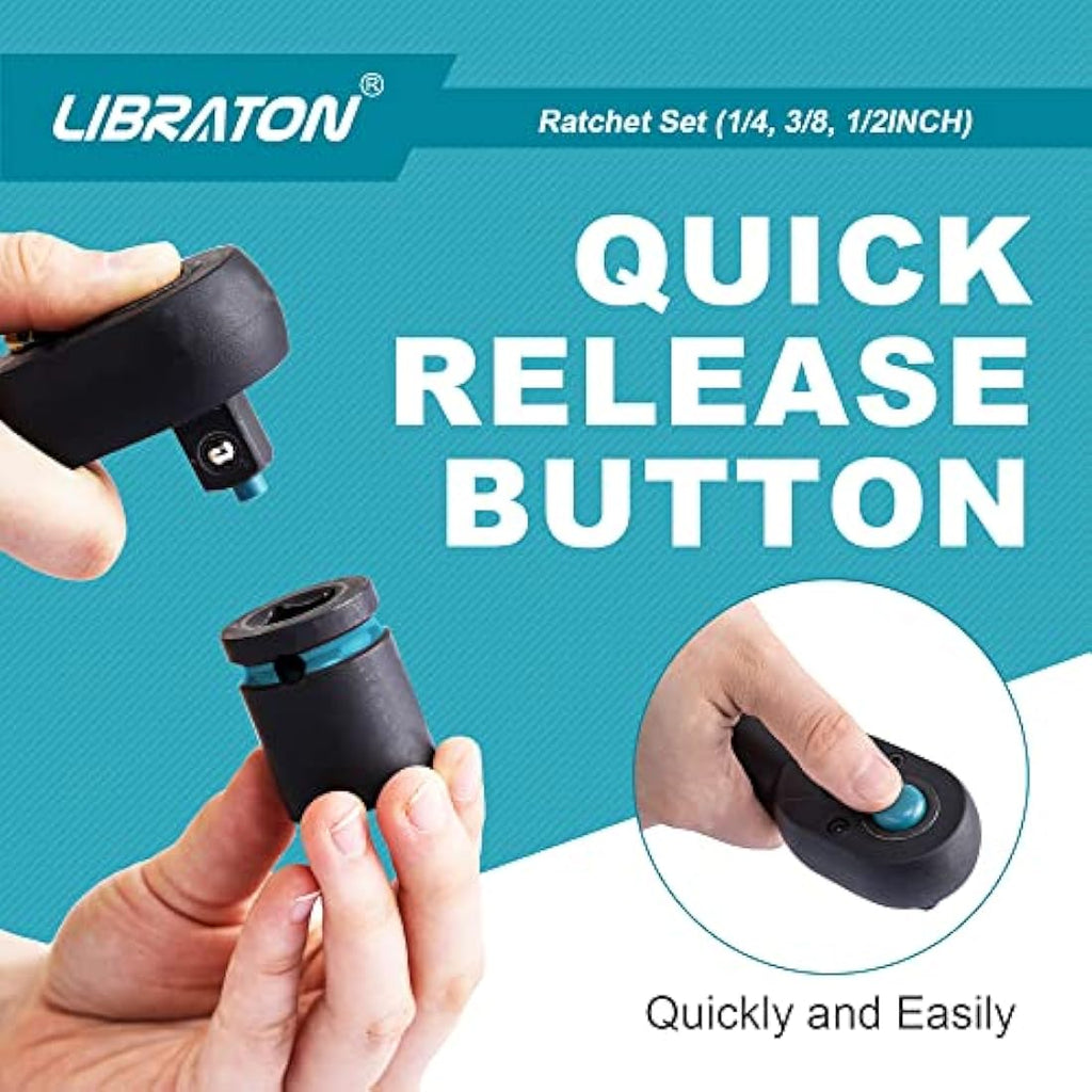 Libraton 3-Piece Ratchet Set | 72-Tooth CR-V Drive Socket Wrenches