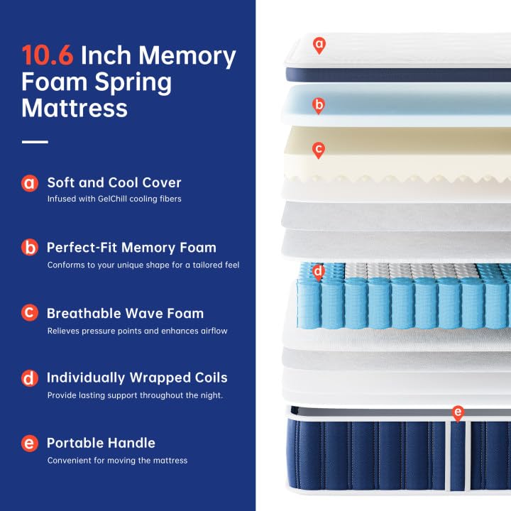 TeQsli 4ft6 Double Mattress Memory Foam Pocket Spring Hybrid 135x190x27 cm - image 2
