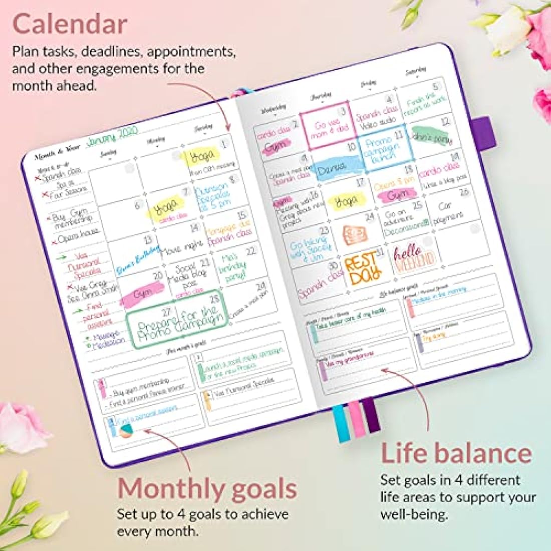 GoGirl Undated Weekly Planner – A5 Eco-Leather Goal Journal, Purple