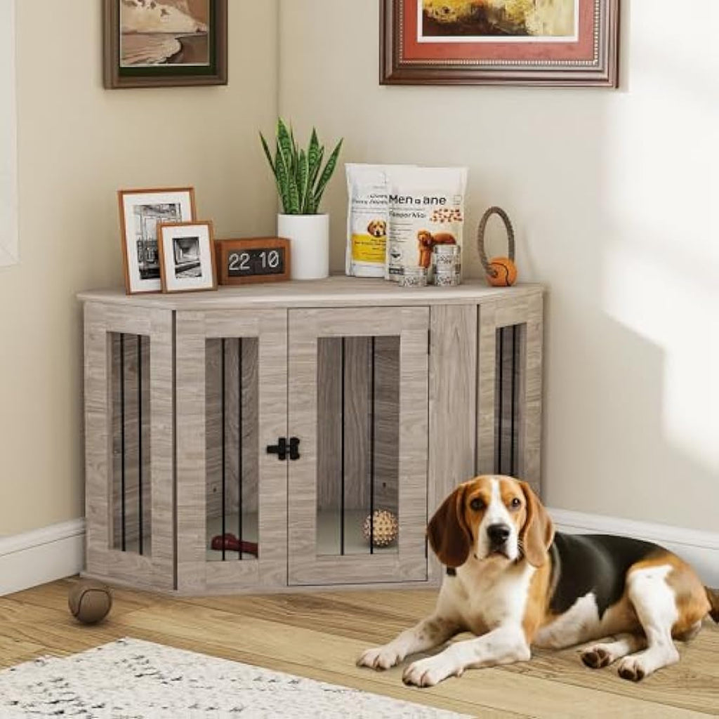 PawHut Dog Crate Furniture – Walnut Brown Side Table Kennel with Cushion