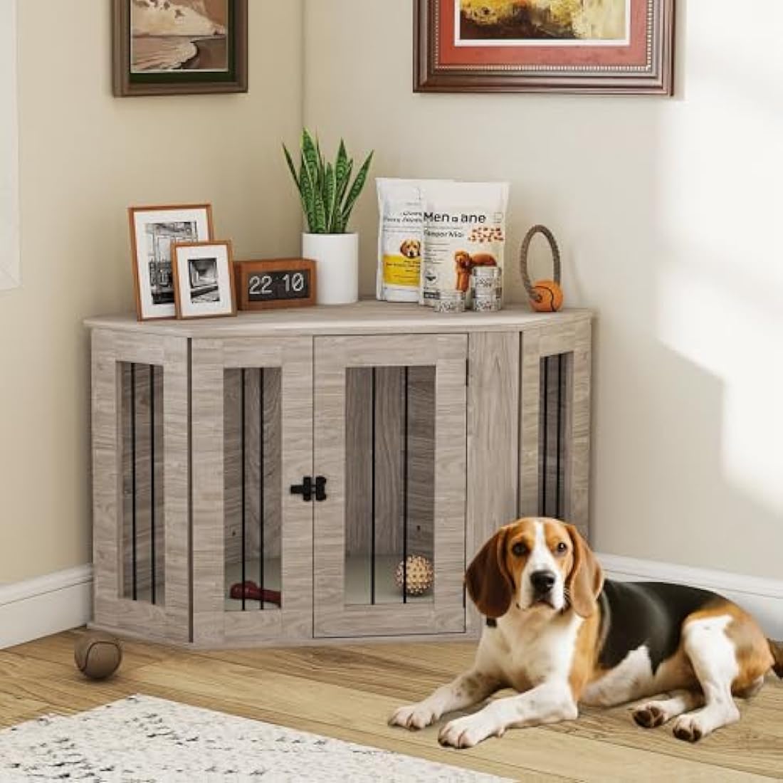 PawHut Dog Crate Furniture – Walnut Brown Side Table Kennel with Cushion