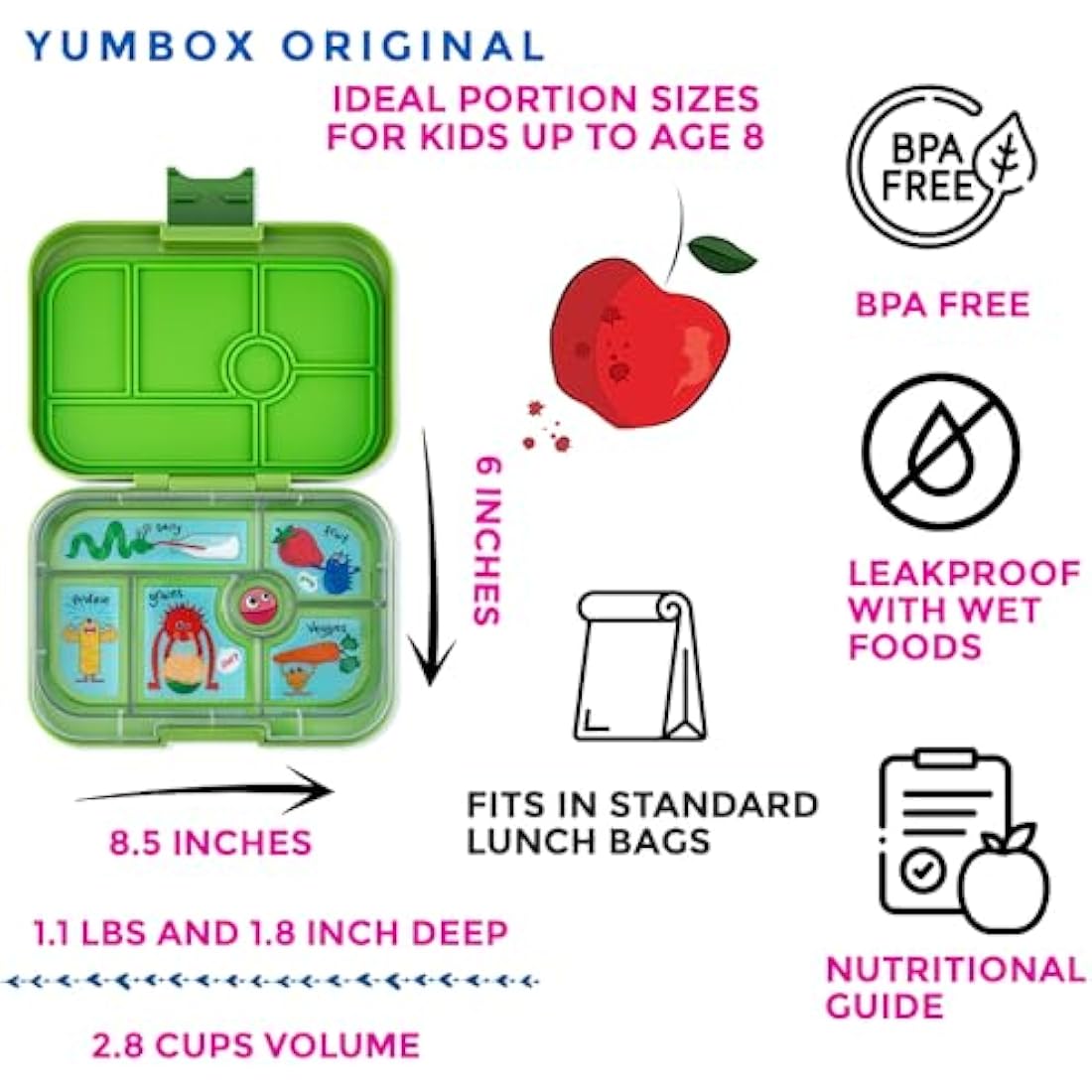 Yumbox Original Kids Bento Lunch Box | Leakproof 5-Compartment - Green