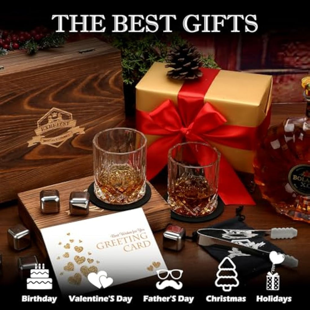Whiskey Stones and Glass Gift Set – Granite Rocks & Wooden Box