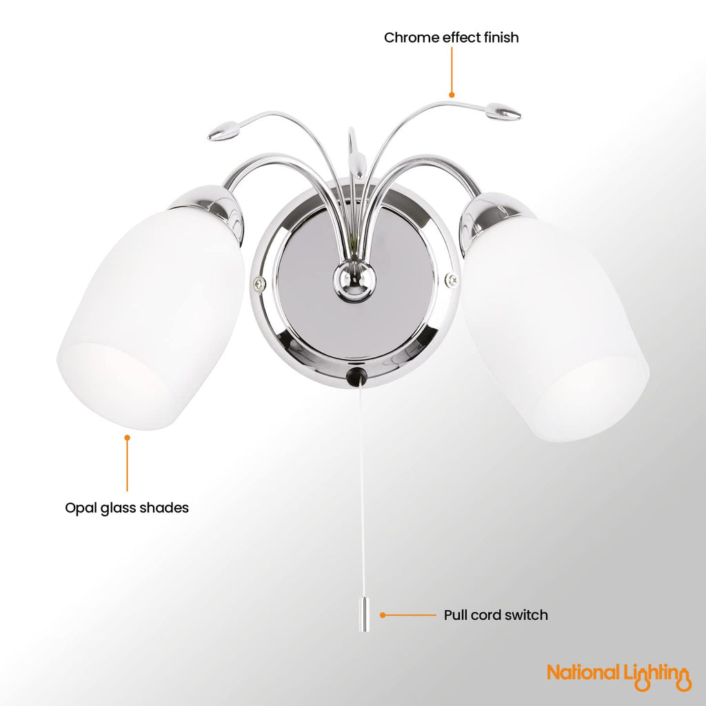 Albert Dimmable Twin Wall Sconce – Chrome Opal Glass LED Light