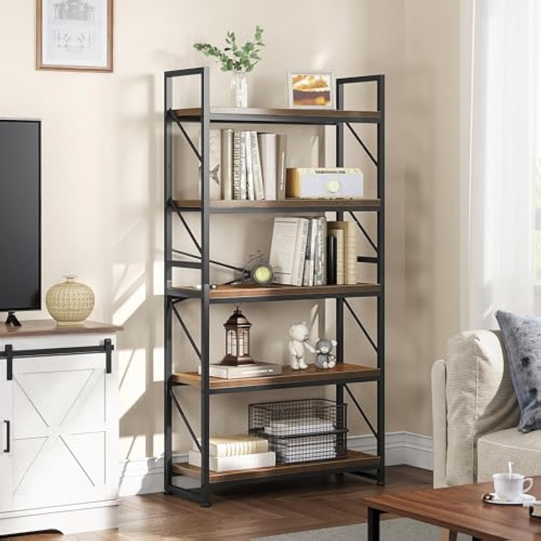 YITAHOME 5-Tier Industrial Bookcase | Rustic Brown Metal Storage Shelf