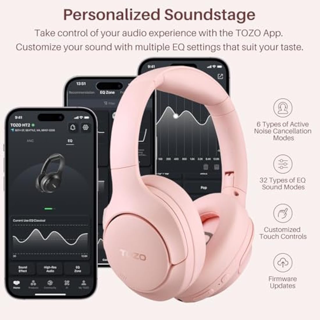 TOZO HT2 Hybrid Active Noise Cancelling Wireless Over Ear Headphones - Pink