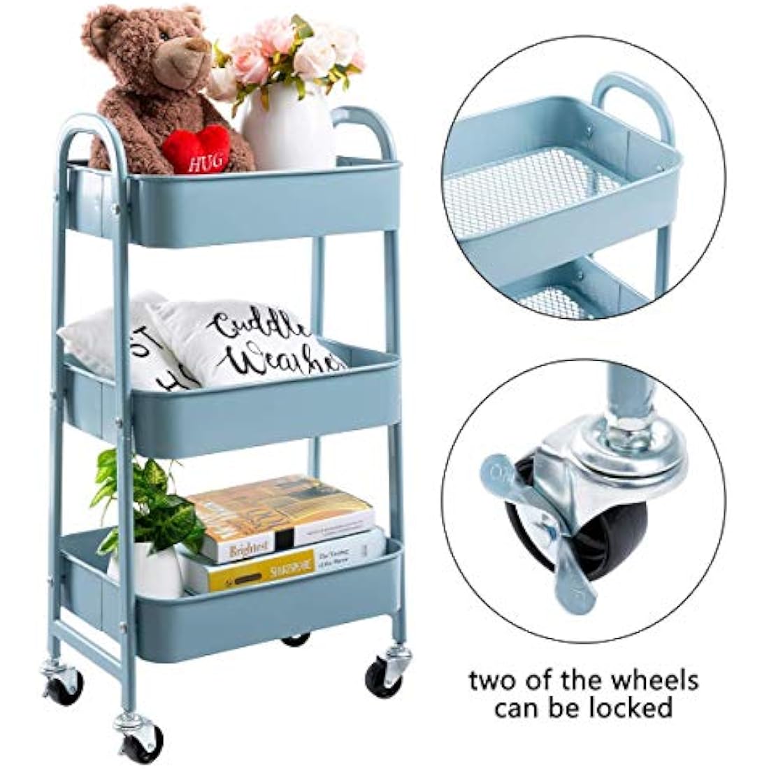 DOEWORKS 3-Tier Metal Rolling Utility Cart – Slim Storage Trolley, Grey-Blue
